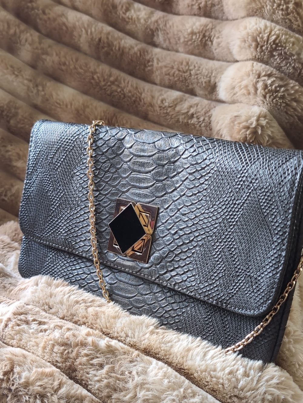Urban Expression Slate Gray Faux Leather -Snake Chain Shoulder Bag -  Clutch